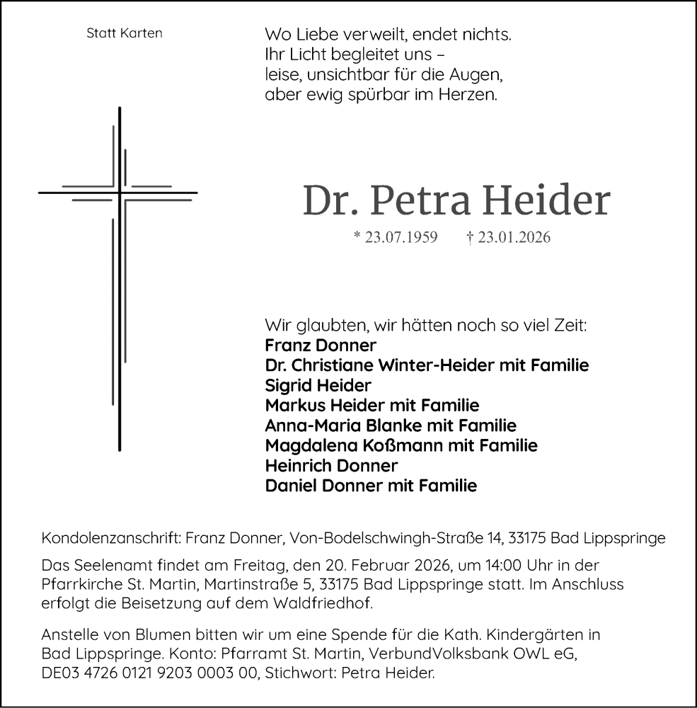  Traueranzeige für Petra Heider vom 07.02.2026 aus Neue Westfälische und Westfalen-Blatt