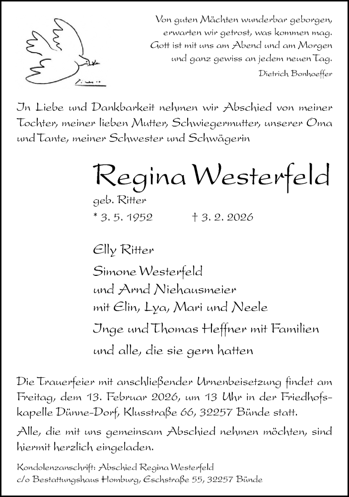  Traueranzeige für Regina Westerfeld vom 07.02.2026 aus Neue Westfälische und Westfalen-Blatt
