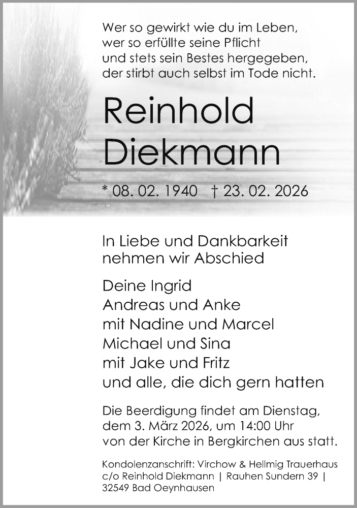  Traueranzeige für Reinhold Diekmann vom 25.02.2026 aus Neue Westfälische und Westfalen-Blatt