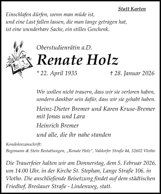 Traueranzeige von Renate Holz von Neue Westfälische und Westfalen-Blatt
