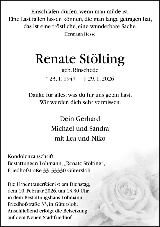 Traueranzeige von Renate Stölting von Neue Westfälische und Westfalen-Blatt