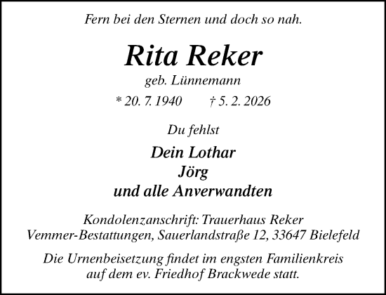 Traueranzeige von Rita Reker von Neue Westfälische und Westfalen-Blatt