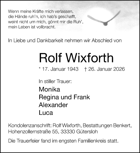 Traueranzeige von Rolf Wixforth von Neue Westfälische und Westfalen-Blatt