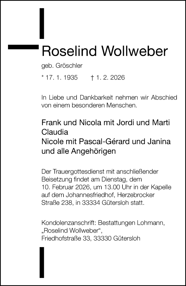  Traueranzeige für Roselind Wollweber vom 07.02.2026 aus Neue Westfälische und Westfalen-Blatt