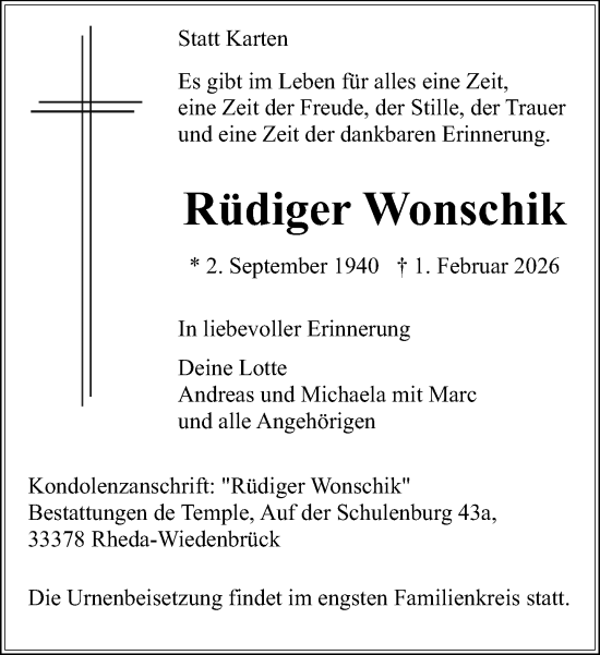 Traueranzeige von Rüdiger Wonschik von Neue Westfälische und Westfalen-Blatt