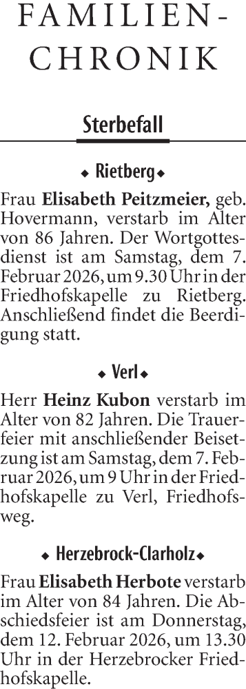 Traueranzeige von Sterbetafel vom 05.02.2026 von Neue Westfälische und Westfalen-Blatt
