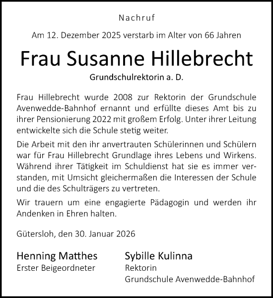 Traueranzeige von Susanne Hillebrecht von Neue Westfälische und Westfalen-Blatt