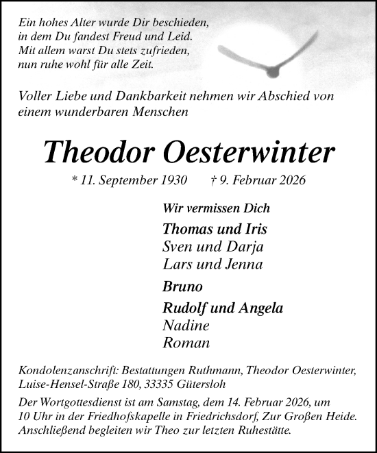 Traueranzeige von Theodor Oesterwinter von Neue Westfälische und Westfalen-Blatt