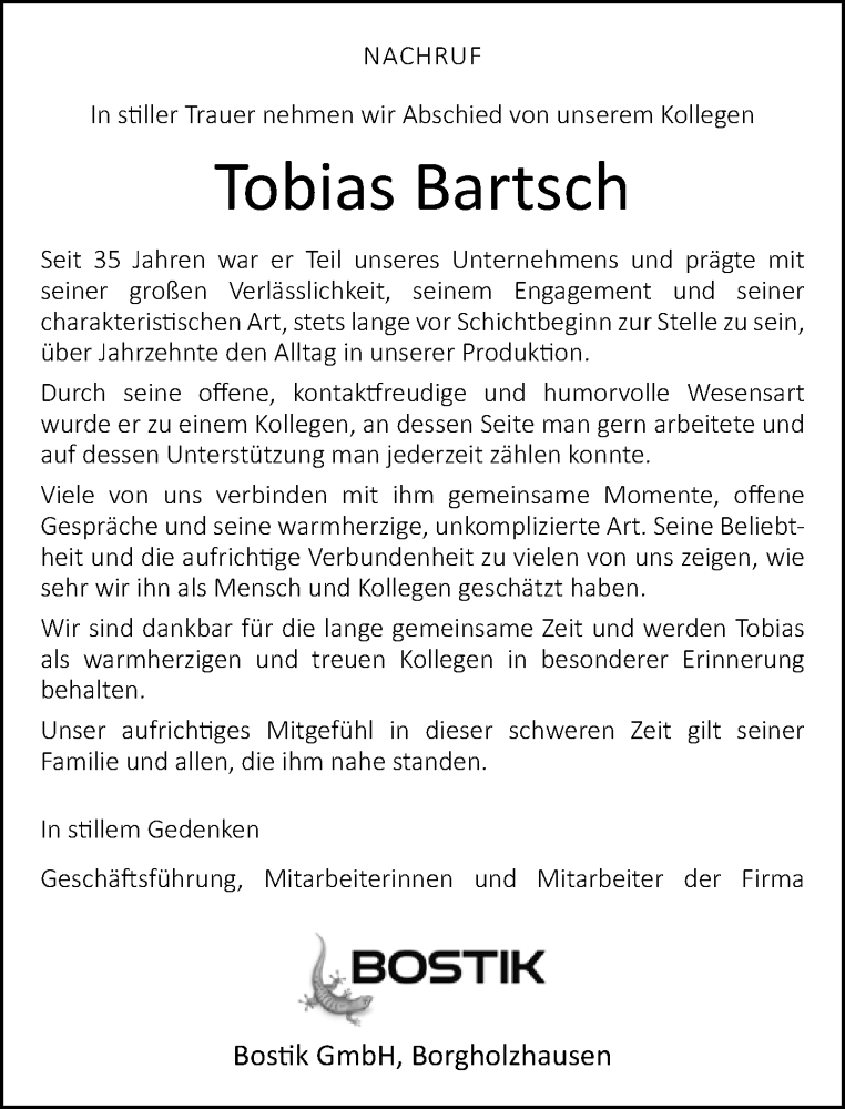  Traueranzeige für Tobias Bartsch vom 07.02.2026 aus Neue Westfälische und Westfalen-Blatt