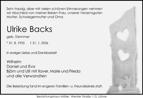 Traueranzeige von Ulrike Backs von Neue Westfälische und Westfalen-Blatt