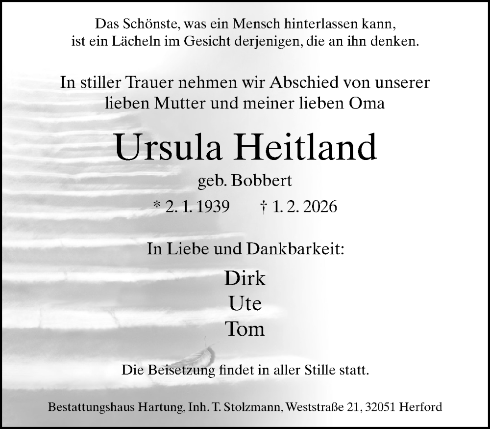  Traueranzeige für Ursula Heitland vom 07.02.2026 aus Neue Westfälische und Westfalen-Blatt