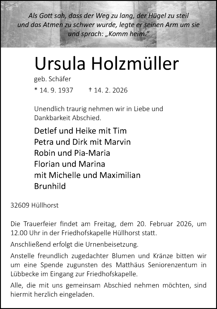  Traueranzeige für Ursula Holzmüller vom 17.02.2026 aus Neue Westfälische und Westfalen-Blatt