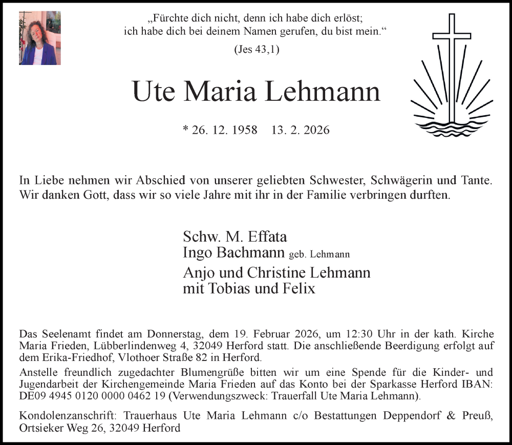  Traueranzeige für Ute Maria Lehmann vom 17.02.2026 aus Neue Westfälische und Westfalen-Blatt