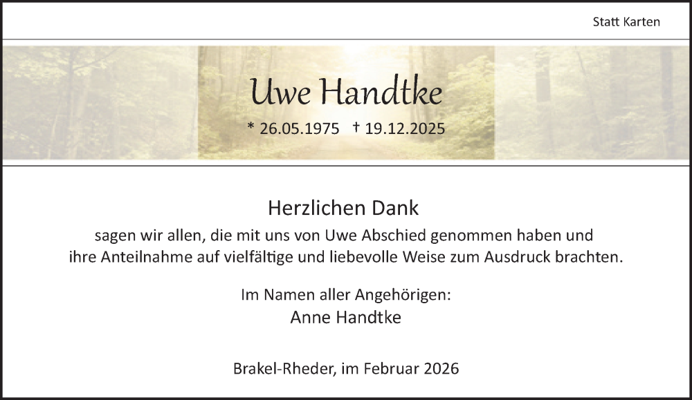  Traueranzeige für Uwe Handtke vom 07.02.2026 aus Neue Westfälische und Westfalen-Blatt