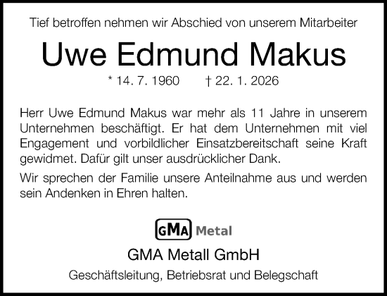 Traueranzeige von Uwe Edmund Makus von Neue Westfälische und Westfalen-Blatt