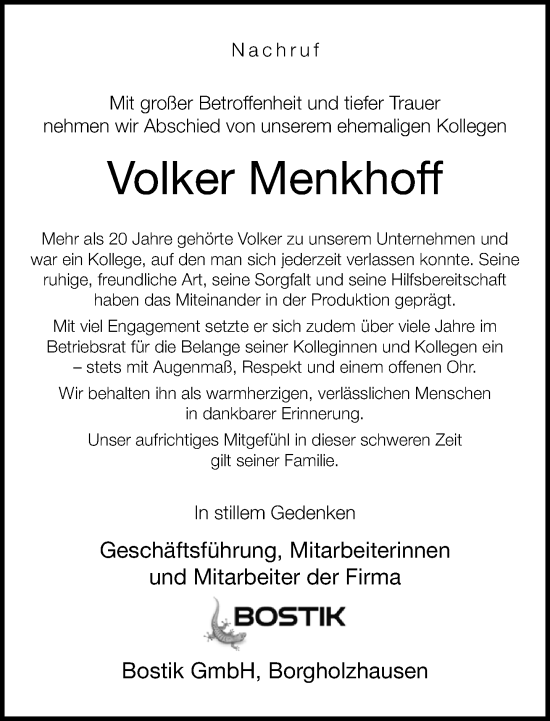 Traueranzeige von Volker Menkhoff von Neue Westfälische und Westfalen-Blatt
