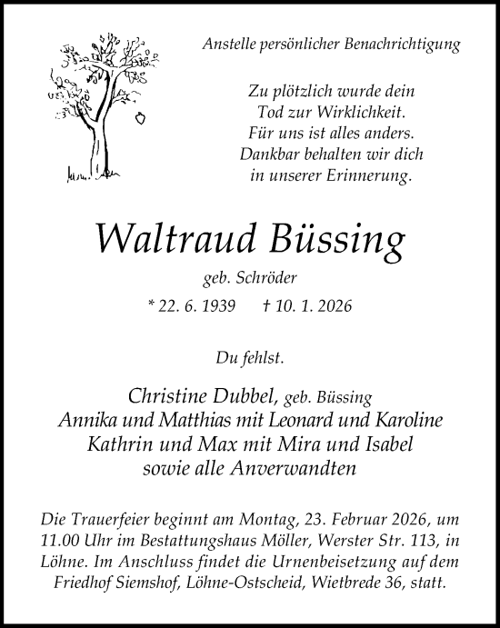 Traueranzeige von Waltraud Büssing von Neue Westfälische und Westfalen-Blatt