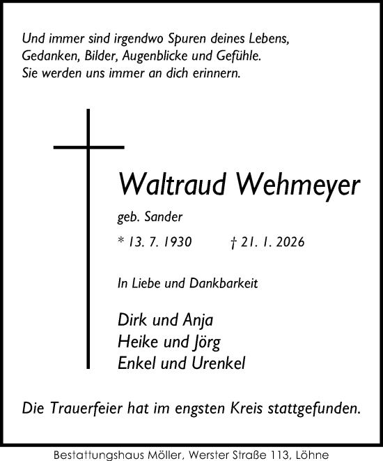 Traueranzeige von Waltraud Wehmeyer von Neue Westfälische und Westfalen-Blatt