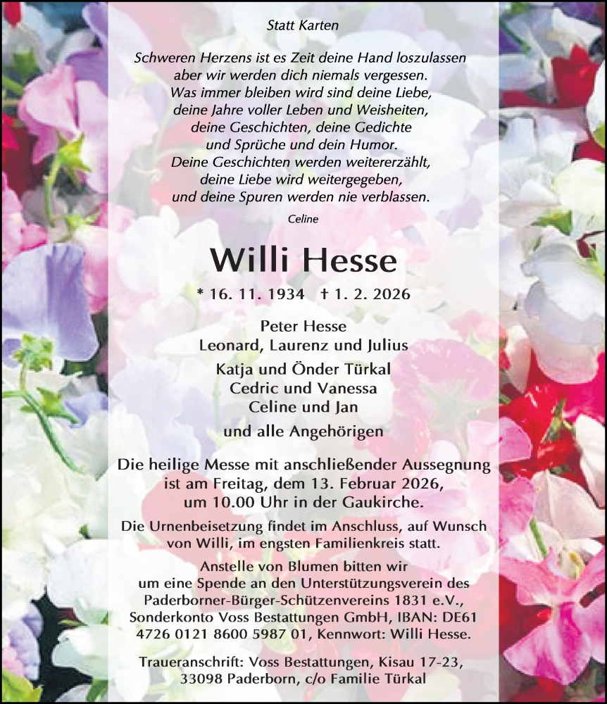  Traueranzeige für Willi Hesse vom 04.02.2026 aus Neue Westfälische und Westfalen-Blatt