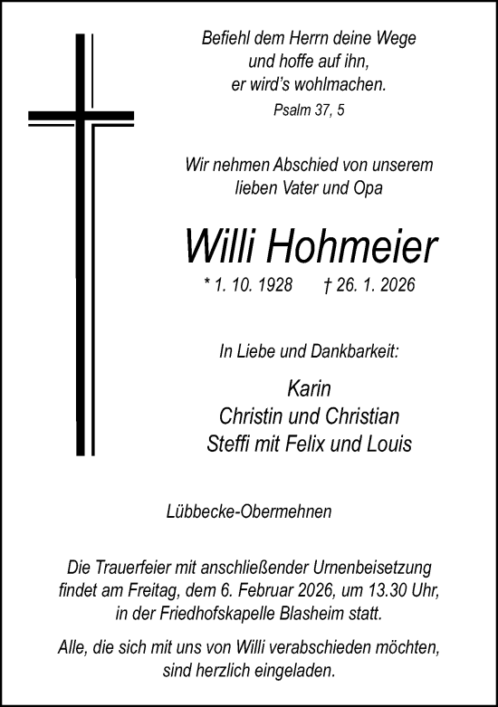 Traueranzeige von Willi Hohmeier von Neue Westfälische und Westfalen-Blatt