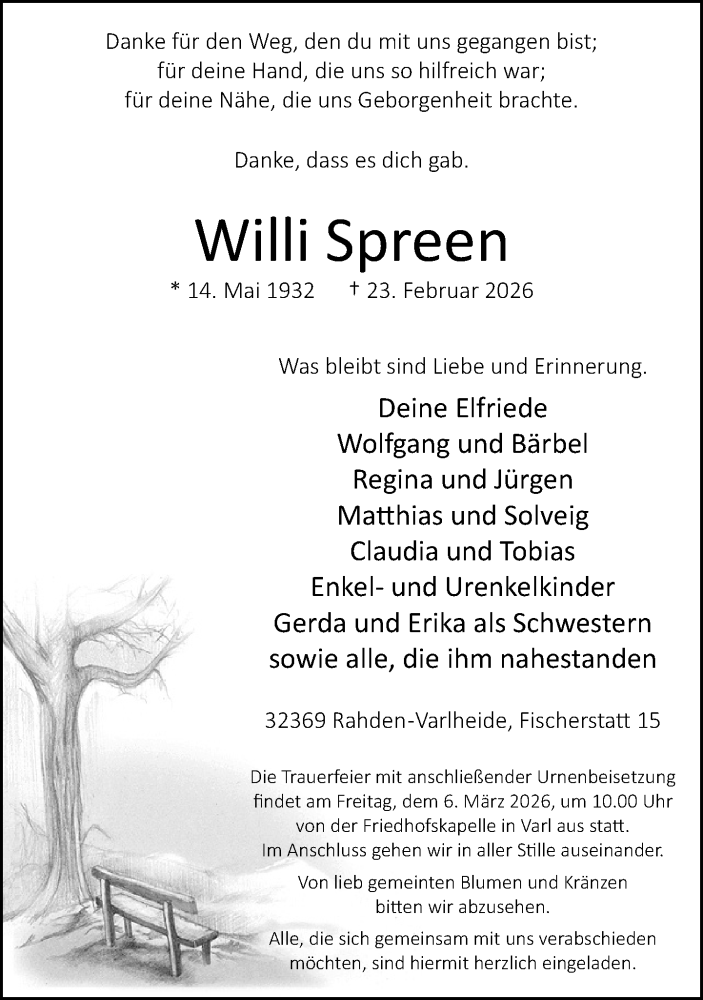  Traueranzeige für Willi Spreen vom 27.02.2026 aus Neue Westfälische und Westfalen-Blatt