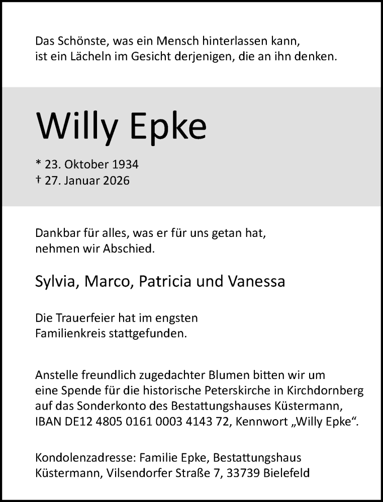  Traueranzeige für Willy Epke vom 07.02.2026 aus Neue Westfälische und Westfalen-Blatt