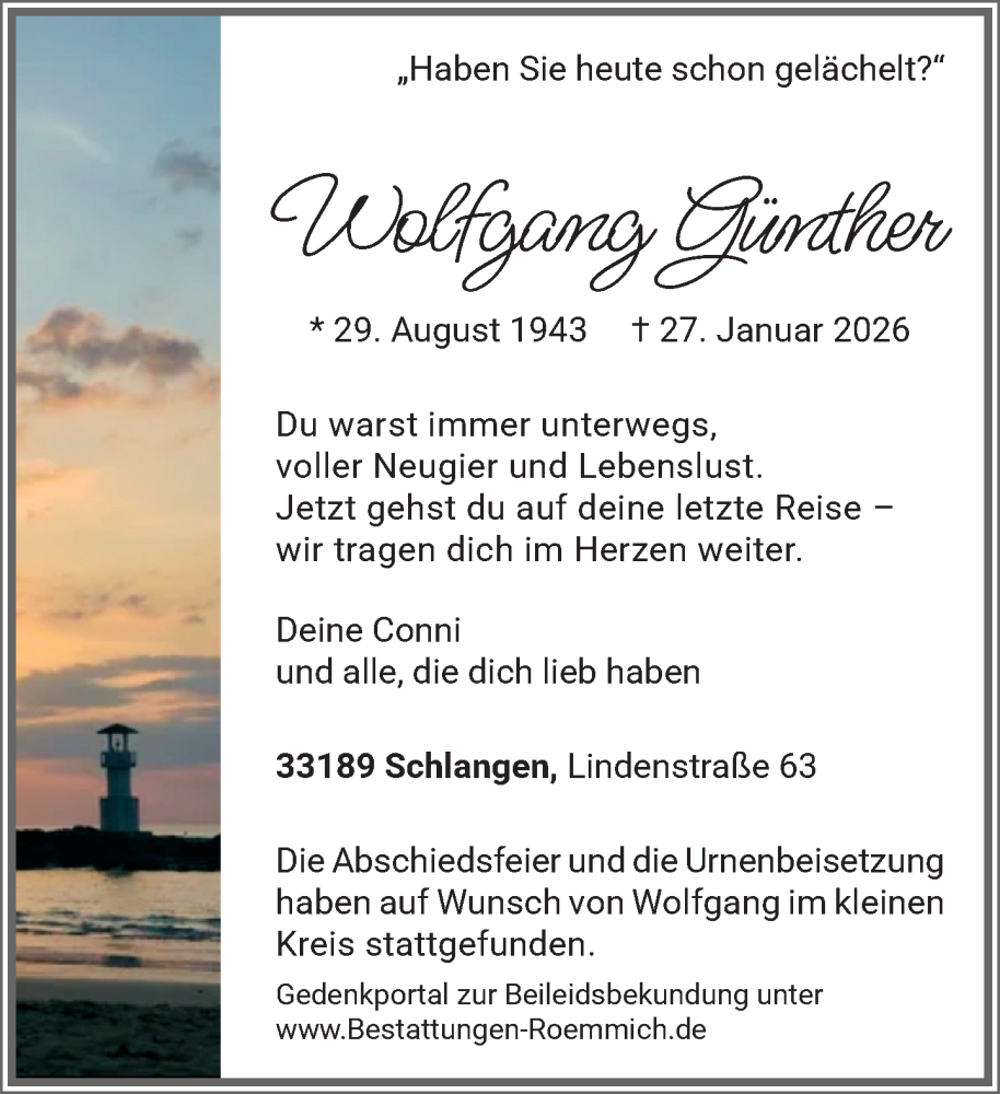  Traueranzeige für Wolfgang Günther vom 07.02.2026 aus Neue Westfälische und Westfalen-Blatt