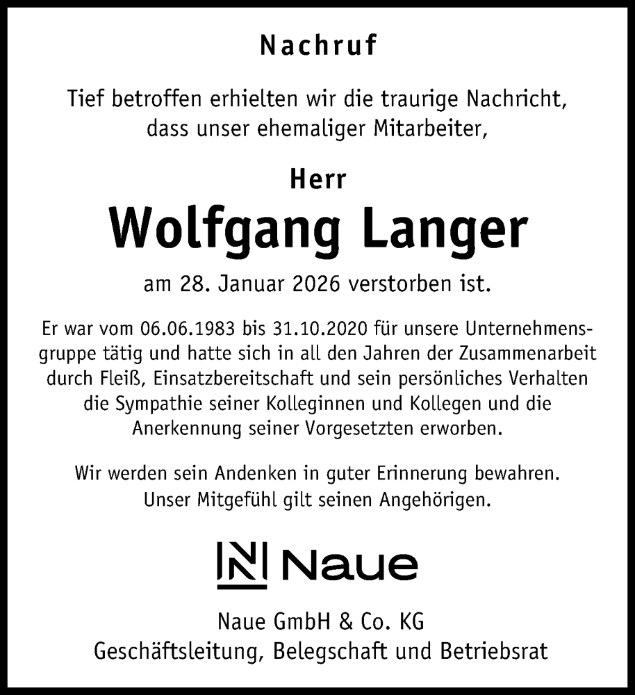  Traueranzeige für Wolfgang Langer vom 07.02.2026 aus Neue Westfälische und Westfalen-Blatt