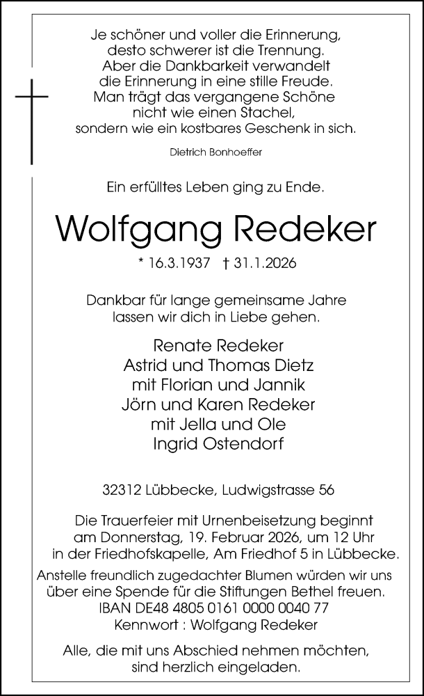 Traueranzeige für Wolfgang Redeker vom 07.02.2026 aus Neue Westfälische und Westfalen-Blatt