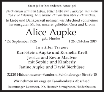 Traueranzeige von Alice Aupke von Westfalen-Blatt