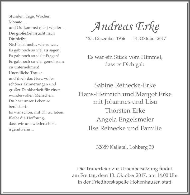  Traueranzeige für Andreas Erke vom 07.10.2017 aus Westfalen-Blatt