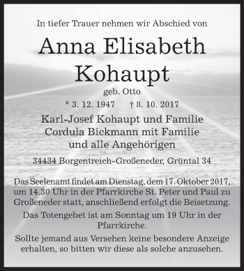 Traueranzeige von Anna Elisabeth Kohaupt von Westfalen-Blatt