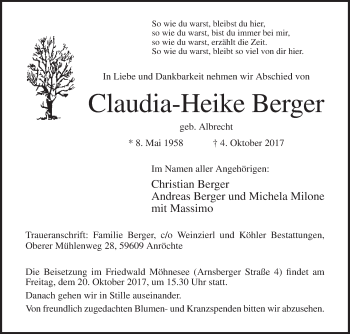 Traueranzeige von Claudia-Heike Berger von Westfalen-Blatt