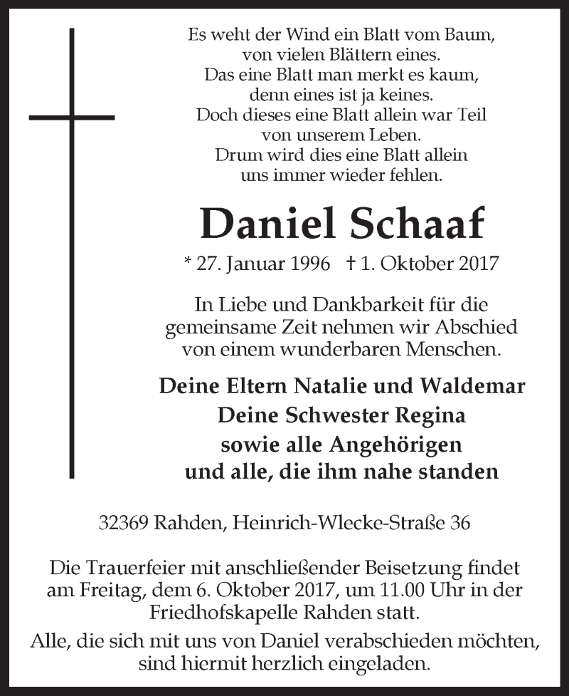  Traueranzeige für Daniel Schaaf vom 03.10.2017 aus Westfalen-Blatt