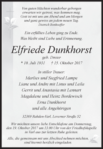 Traueranzeige von Elfriede Dunkhorst von Westfalen-Blatt