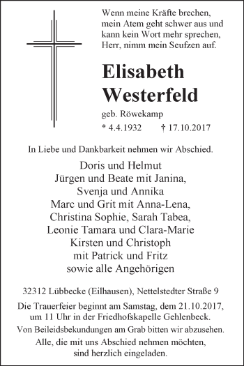 Traueranzeige von Elisabeth Westerfeld von Westfalen-Blatt