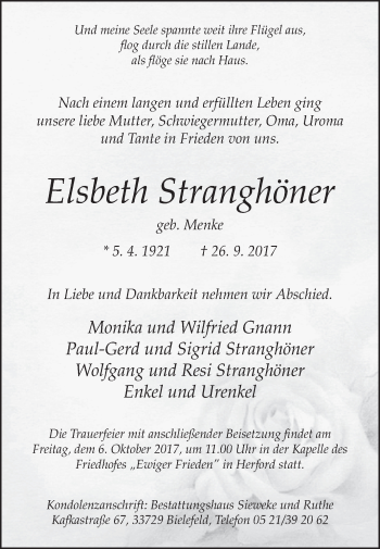 Traueranzeige von Elsbeth Stranghöner von Westfalen-Blatt