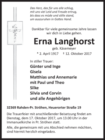 Traueranzeige von Erna Langhorst von Westfalen-Blatt