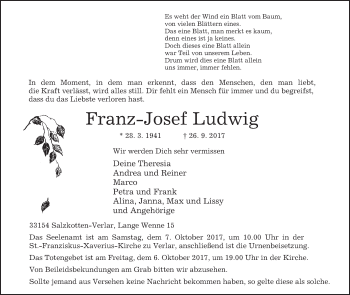 Traueranzeige von Franz-Josef Ludwig von Westfalen-Blatt