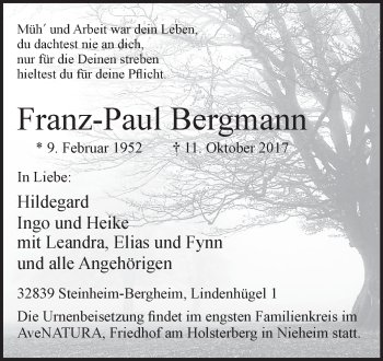 Traueranzeige von Franz-Paul Bergmann von Westfalen-Blatt