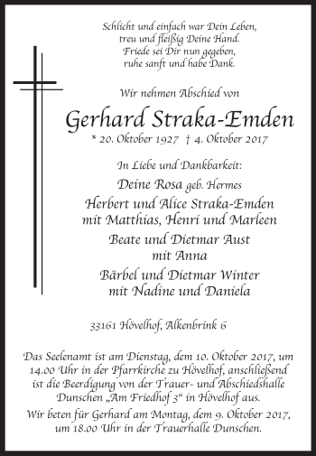 Traueranzeige von Gerhard Straka-Emden von Westfalen-Blatt