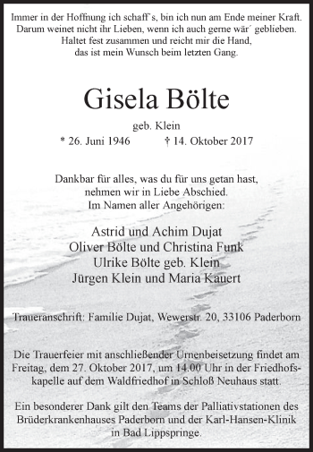 Traueranzeige von Gisela Bölte von Westfalen-Blatt