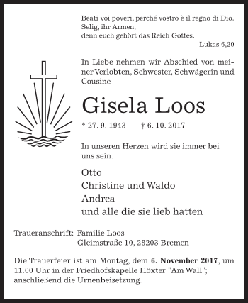 Traueranzeige von Gisela Loos von Westfalen-Blatt