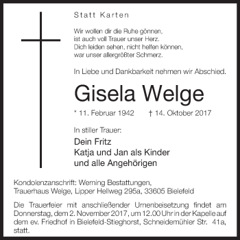 Traueranzeige von Gisela Welge von Westfalen-Blatt