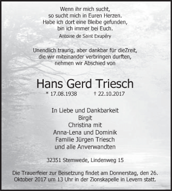 Traueranzeige von Hans Gerd Triesch von Westfalen-Blatt