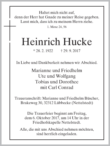 Traueranzeige von Heinrich Hucke von Westfalen-Blatt