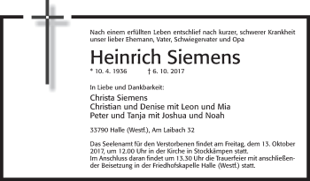 Traueranzeige von Heinrich Siemens von Westfalen-Blatt