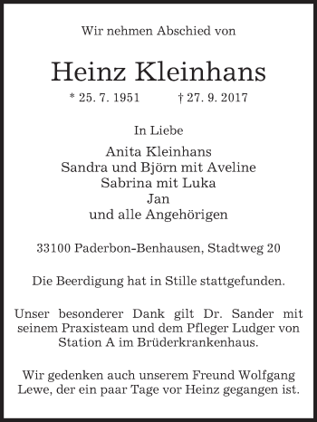 Traueranzeige von Heinz Kleinhans von Westfalen-Blatt