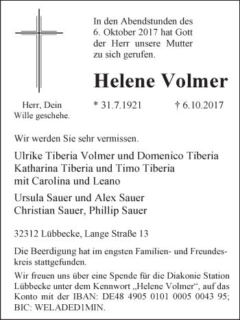 Traueranzeige von Helene Volmer von Westfalen-Blatt