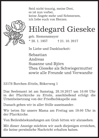 Traueranzeige von Hildegard Gieseke von Westfalen-Blatt